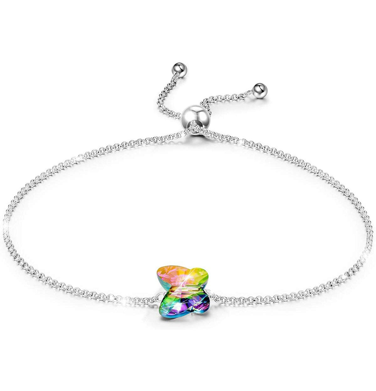 A beautiful Rainbow Stone Butterfly Bracelet featuring 18K white gold plating and sparkling Austrian crystals, elegantly designed in Italy.