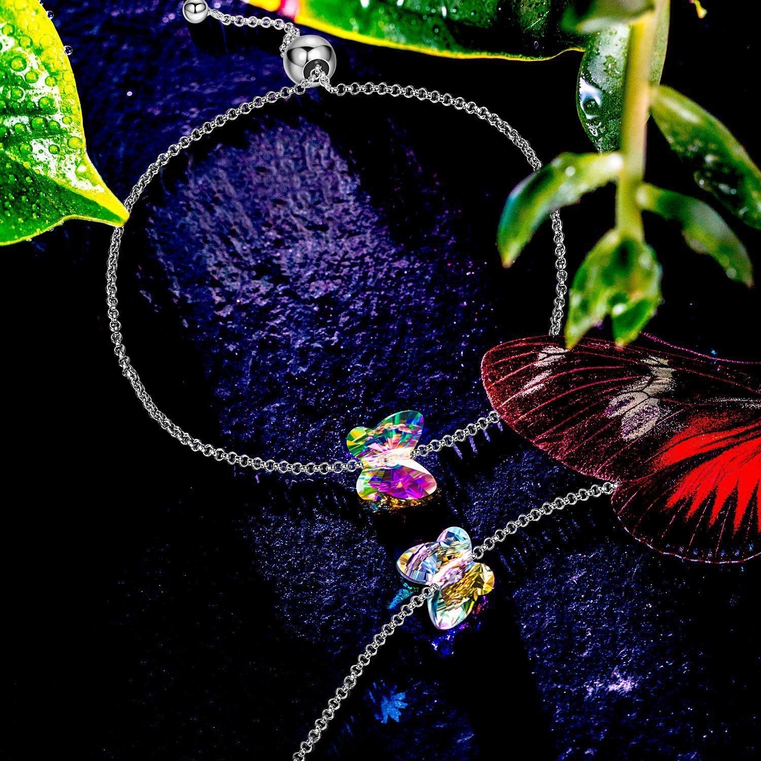 A beautiful Rainbow Stone Butterfly Bracelet featuring 18K white gold plating and sparkling Austrian crystals, elegantly designed in Italy.