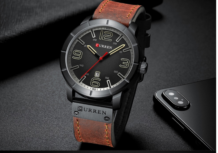 RAKISH Leather Watch I 5410566 featuring a round dial, genuine leather band, and lustrous bezel.