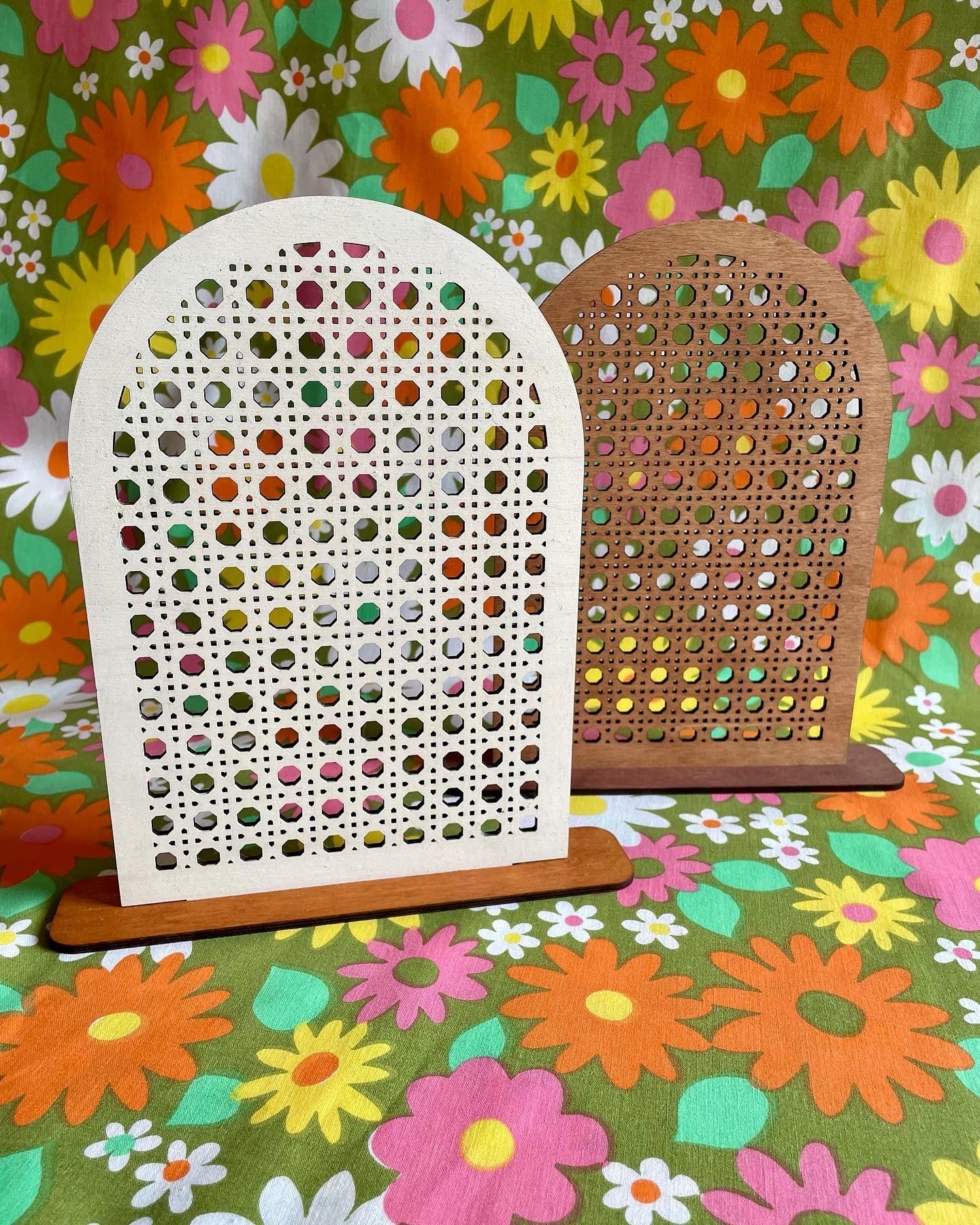 A stylish Rattan Earring Stand made from laser cut birch plywood, featuring a rattan effect design, perfect for organizing jewelry.