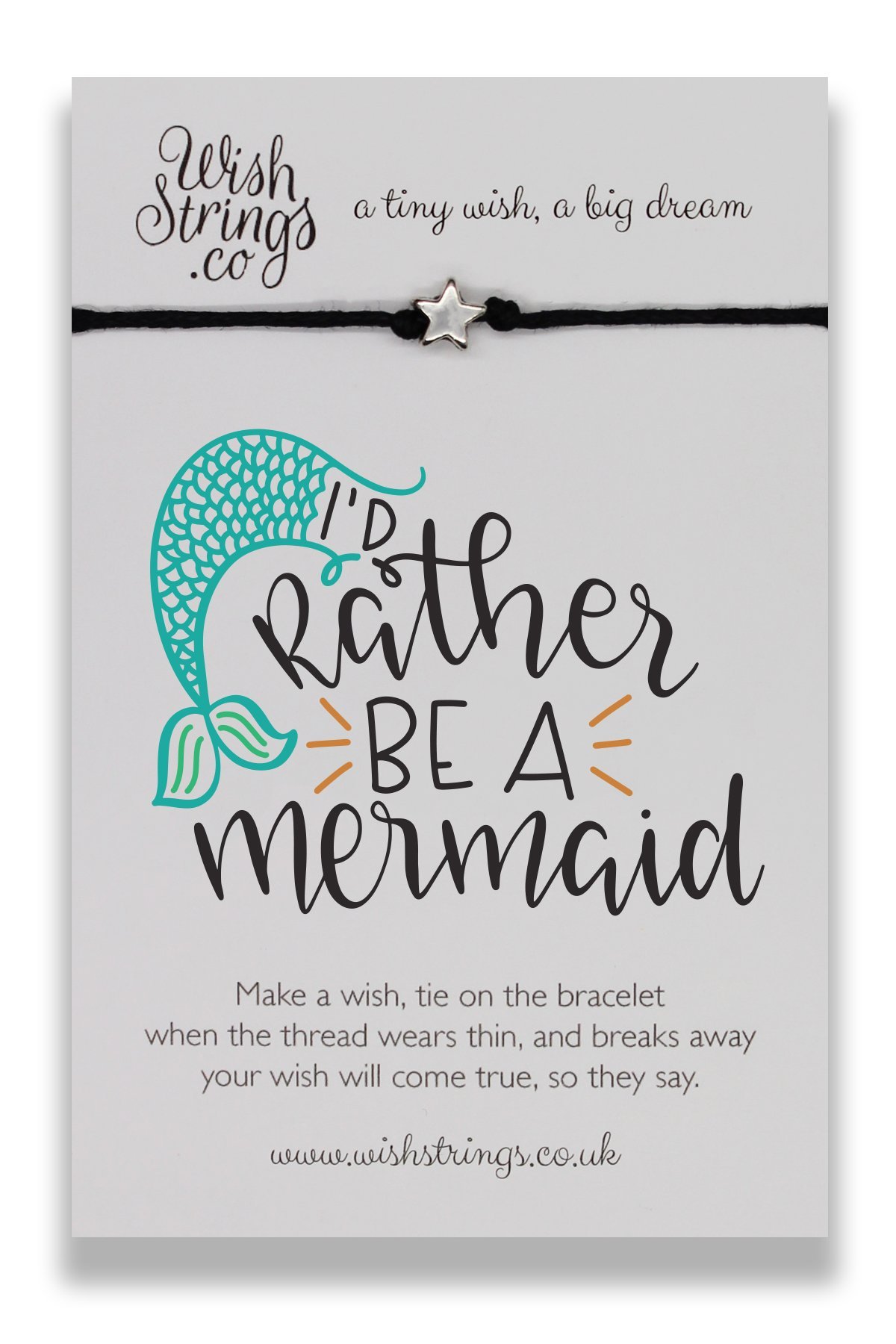 RATHER BE A MERMAID Wish Bracelet featuring a Tibetan Silver charm on a waxed cotton cord, beautifully presented on an inspirational display card.