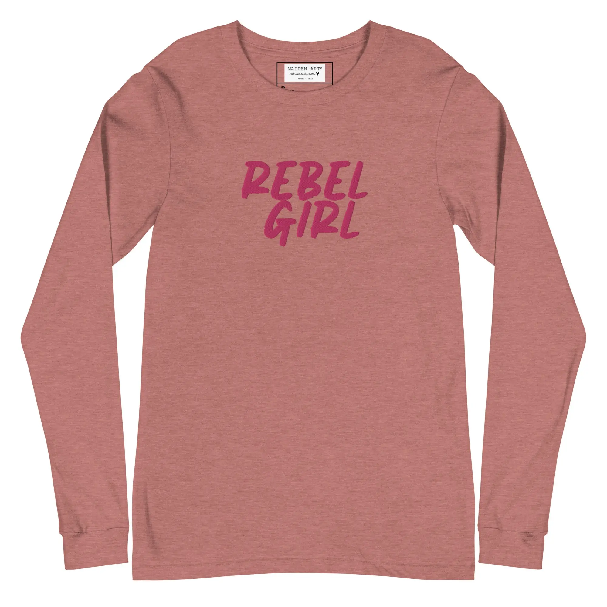 Rebel Girl Unisex Long Sleeve Tee featuring stylish embroidery, showcasing its soft fabric and comfortable fit.