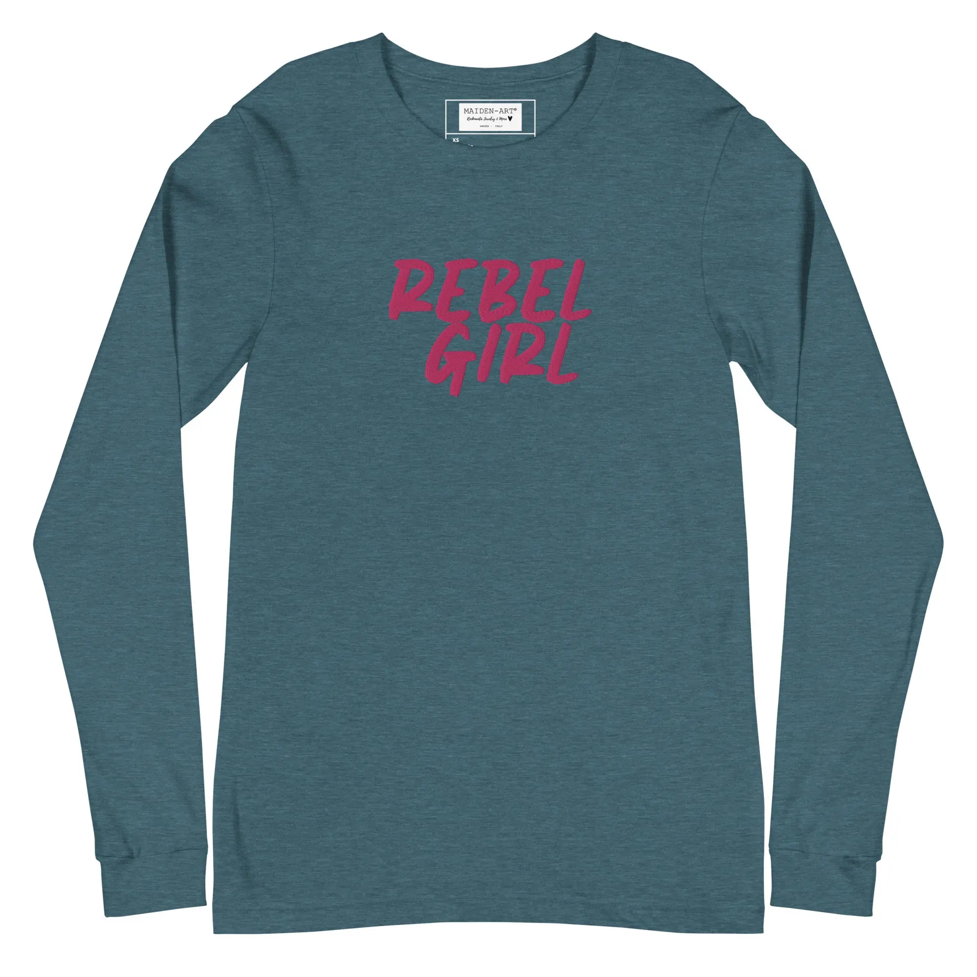 Rebel Girl Unisex Long Sleeve Tee featuring stylish embroidery, showcasing its soft fabric and comfortable fit.