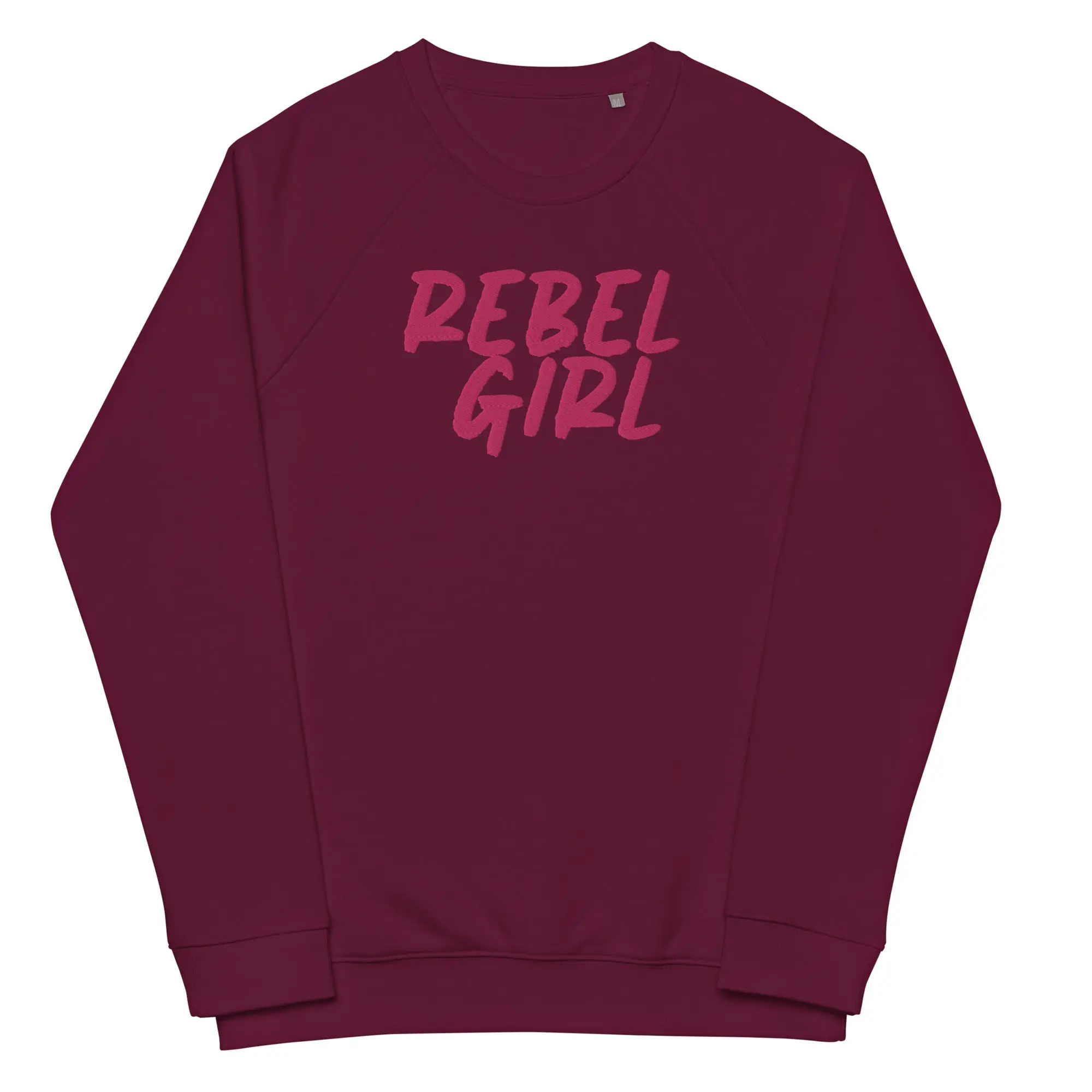 Rebel Girl unisex organic raglan sweatshirt in charcoal melange, showcasing its soft brushed fleece lining and stylish design.