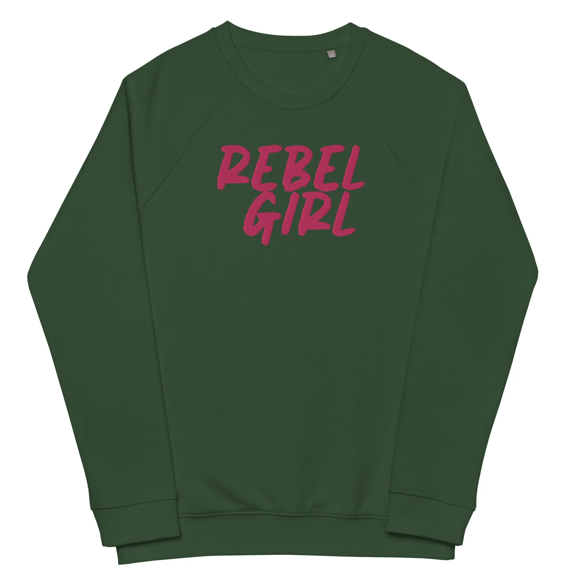 Rebel Girl unisex organic raglan sweatshirt in charcoal melange, showcasing its soft brushed fleece lining and stylish design.