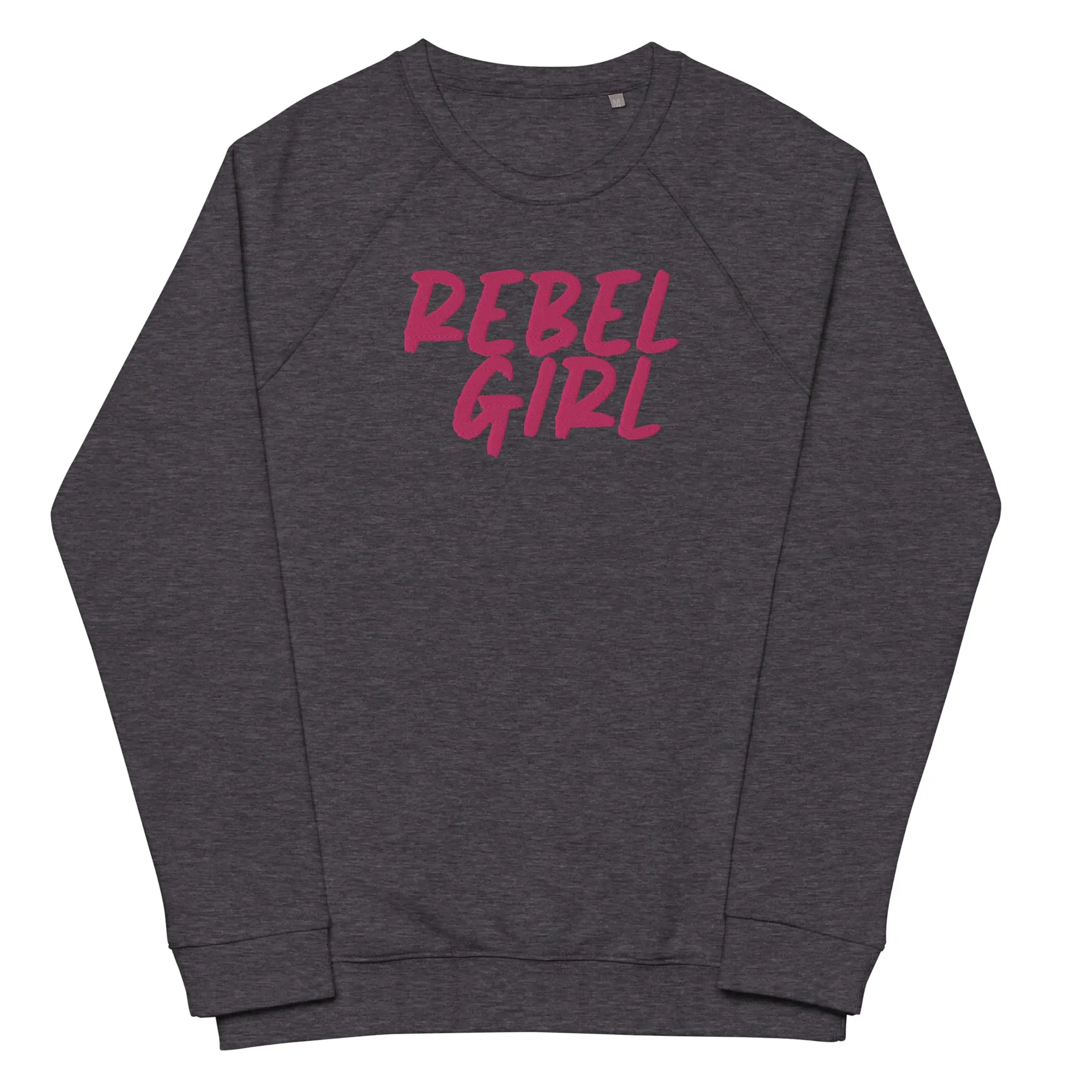 Rebel Girl unisex organic raglan sweatshirt in charcoal melange, showcasing its soft brushed fleece lining and stylish design.