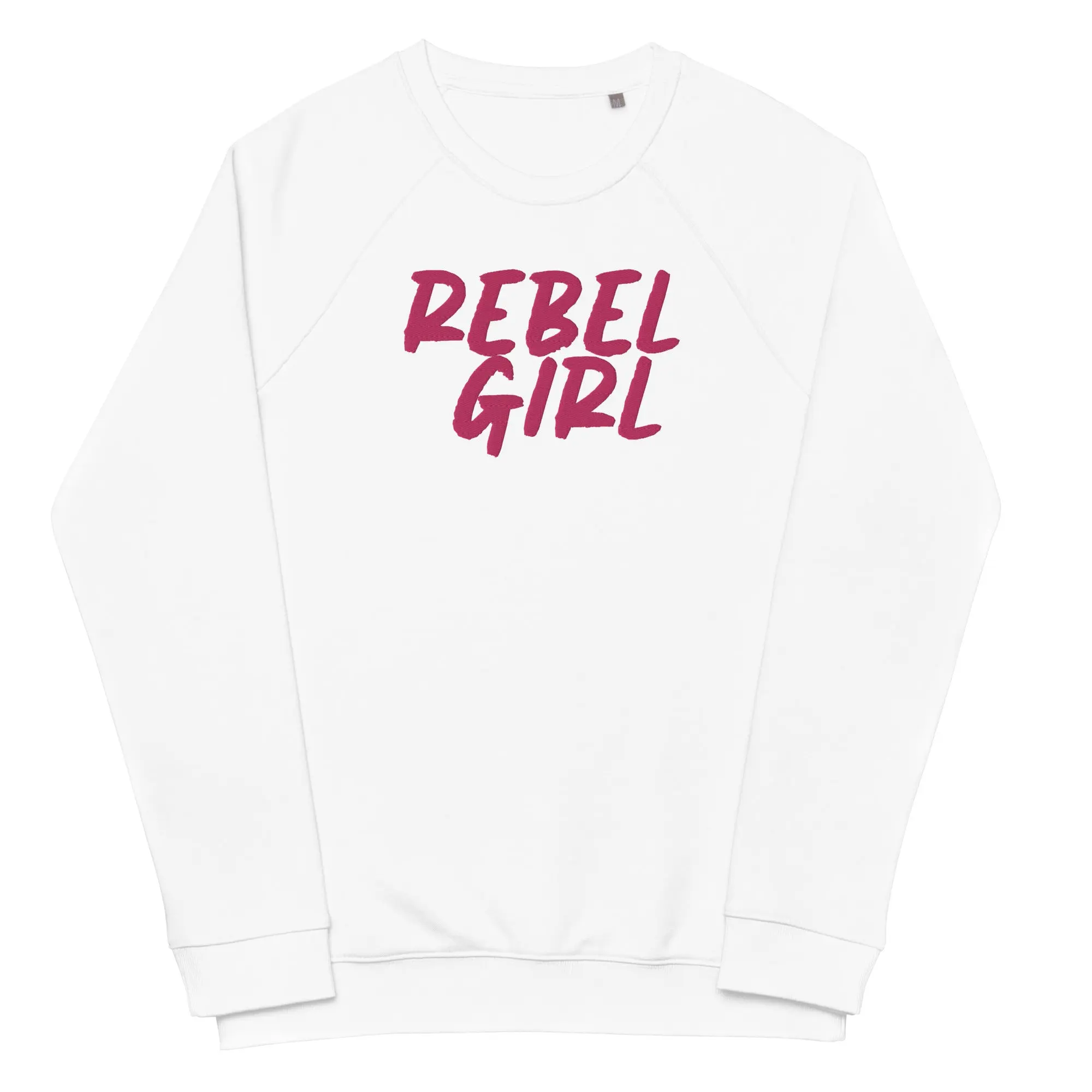 Rebel Girl unisex organic raglan sweatshirt in charcoal melange, showcasing its soft brushed fleece lining and stylish design.