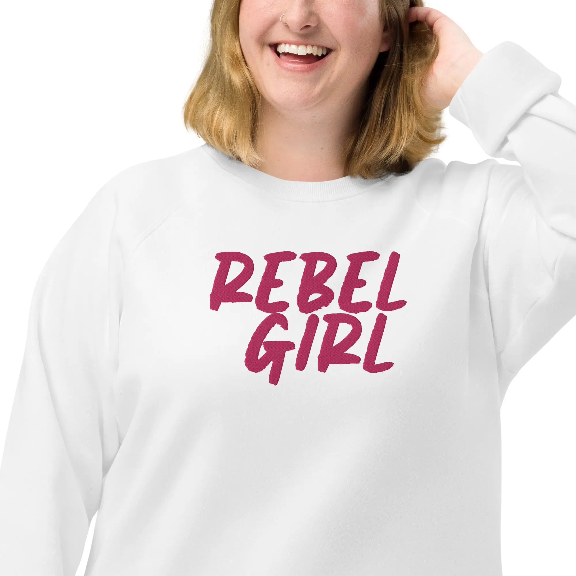 Rebel Girl unisex organic raglan sweatshirt in charcoal melange, showcasing its soft brushed fleece lining and stylish design.