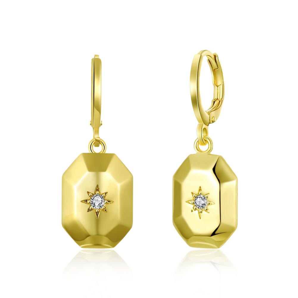 Elegant rectangle drop earrings made of 14K gold with certified crystals, showcasing a stylish design.