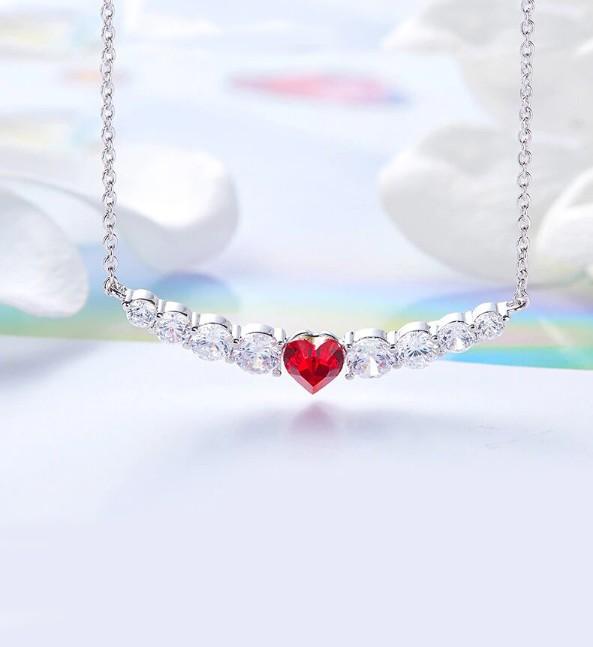 Elegant Red Heart Shaped Elements Orchid Pav'e Necklace in 14K White Gold with a vibrant red pendant and link chain.