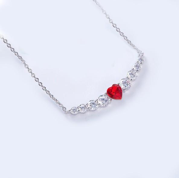 Elegant Red Heart Shaped Elements Orchid Pav'e Necklace in 14K White Gold with a vibrant red pendant and link chain.