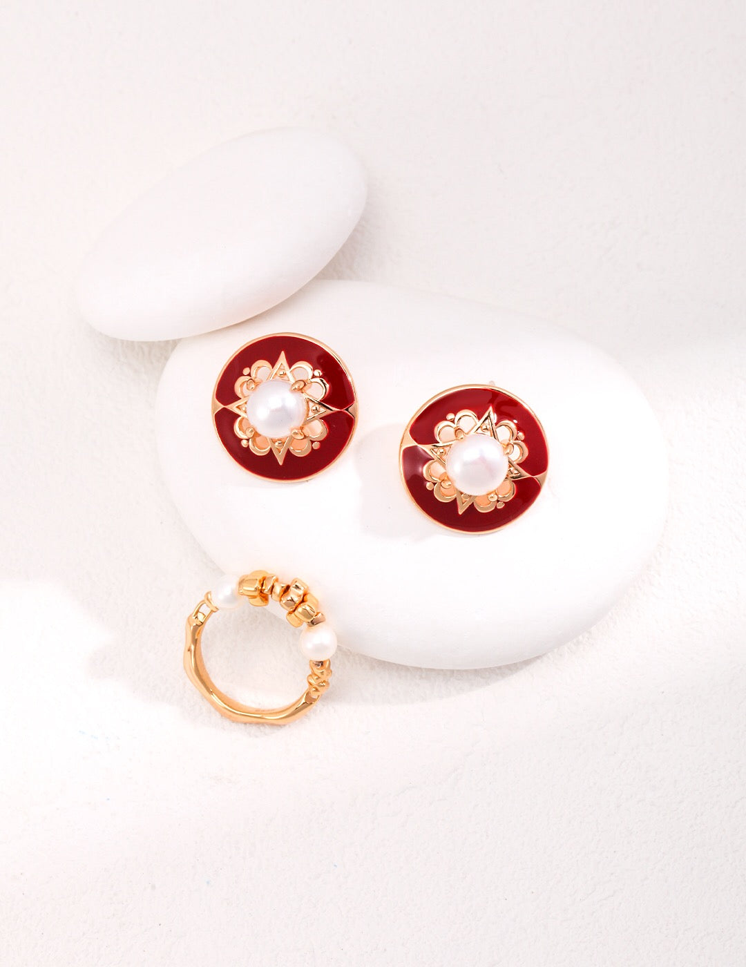 Elegant Red Round Classic Drip Glaze Pearl Stud Earrings featuring natural pearls and sterling silver, perfect for any occasion.