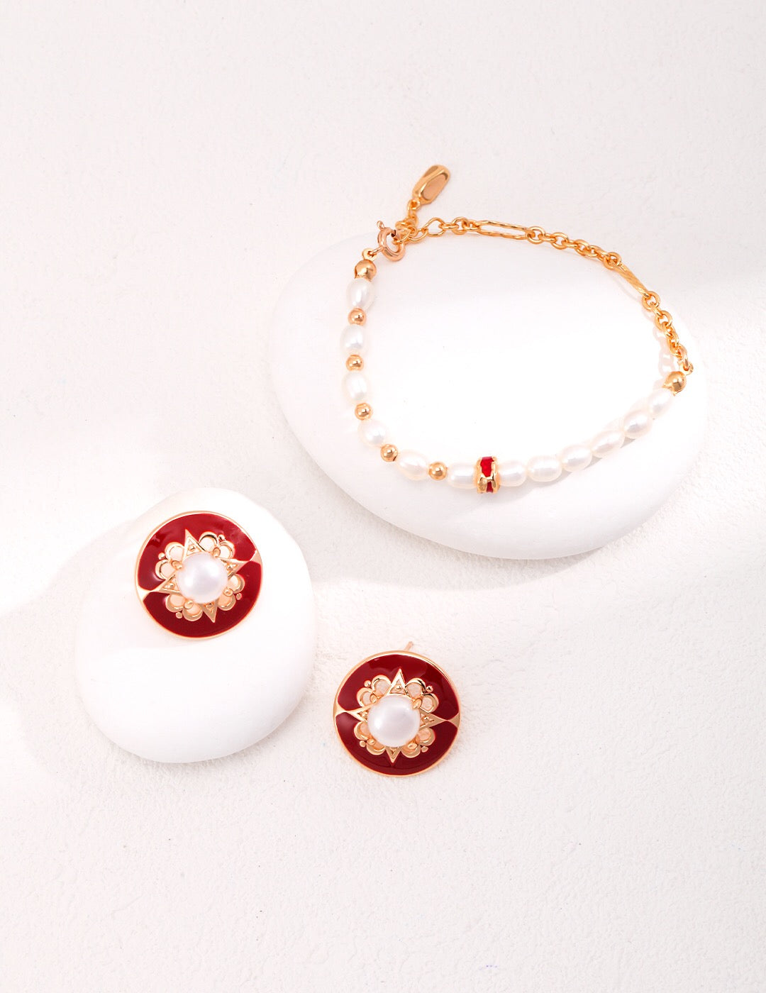 Elegant Red Round Classic Drip Glaze Pearl Stud Earrings featuring natural pearls and sterling silver, perfect for any occasion.