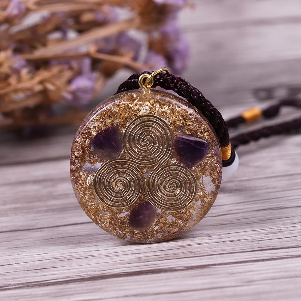 REIKI Orgonite Pendant featuring natural amethyst on a rope chain, designed for both men and women, showcasing a geometric shape.