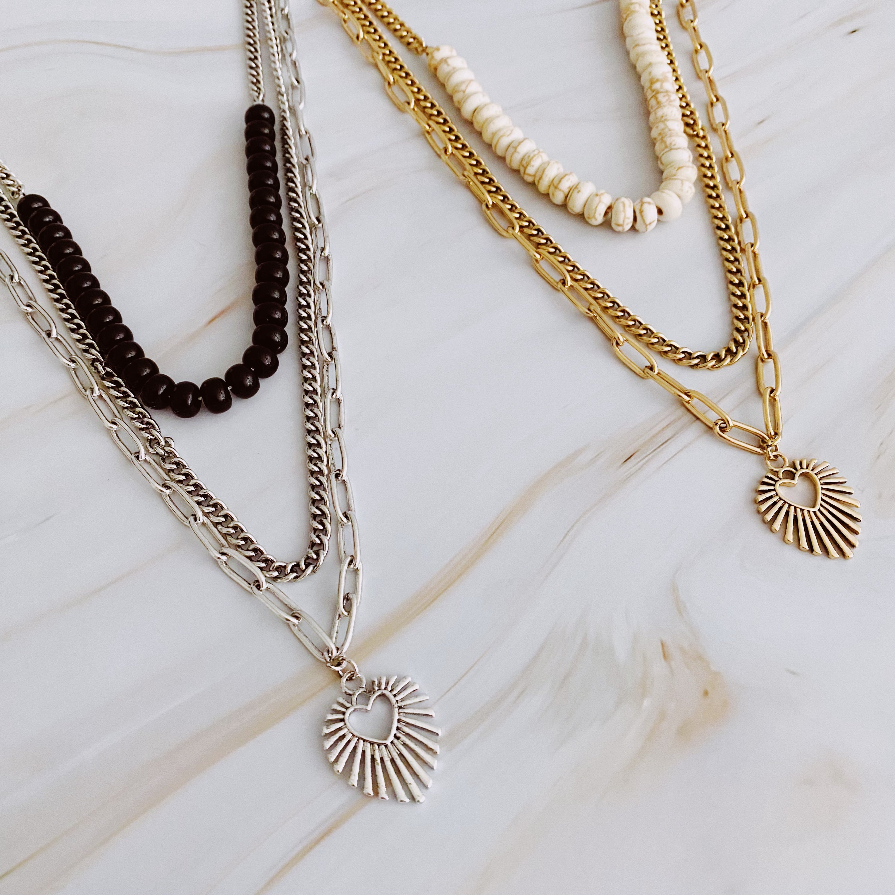 Resin Bead Golden Heart Layered Necklace featuring three layers with vibrant resin beads and antique finish plated alloy metal.