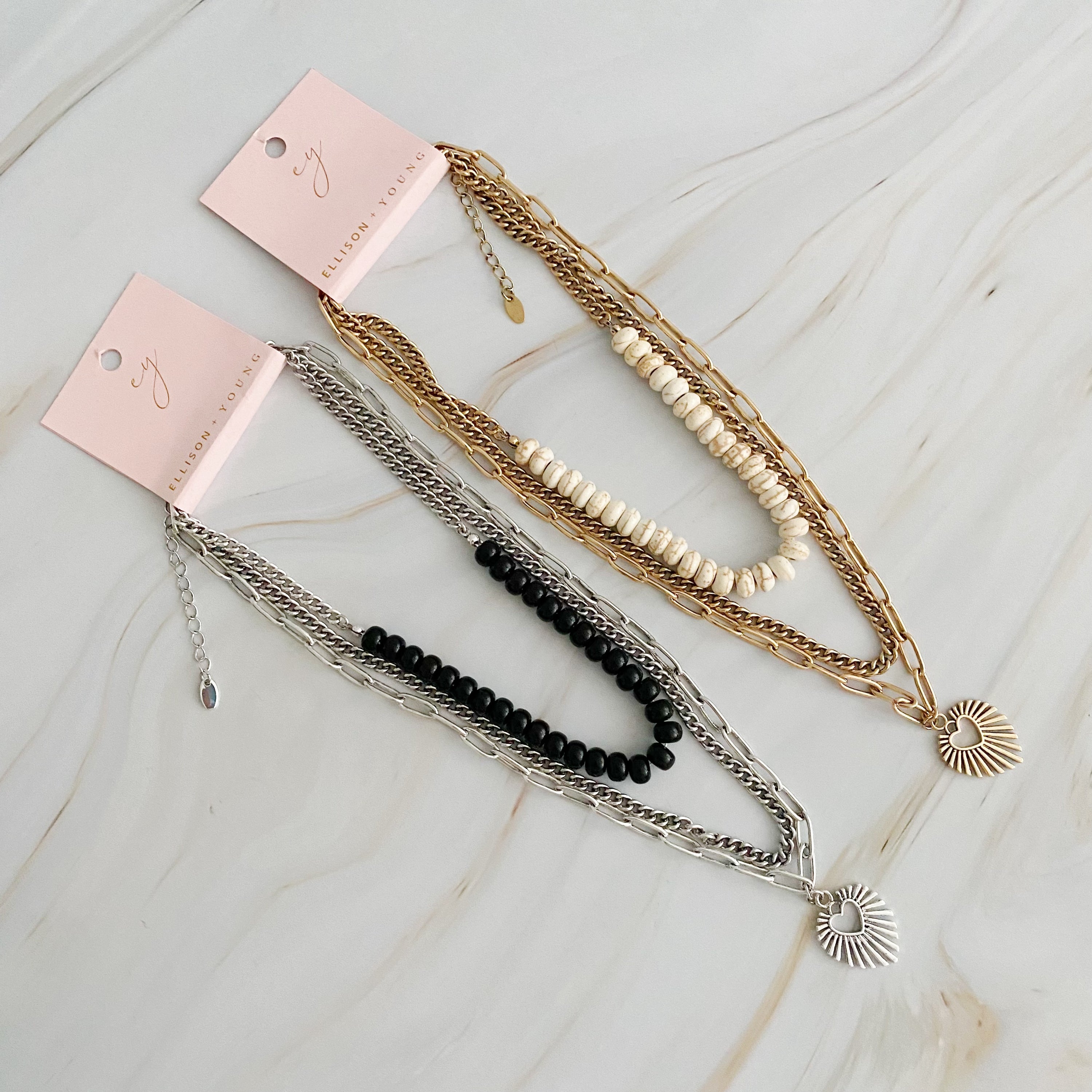 Resin Bead Golden Heart Layered Necklace featuring three layers with vibrant resin beads and antique finish plated alloy metal.