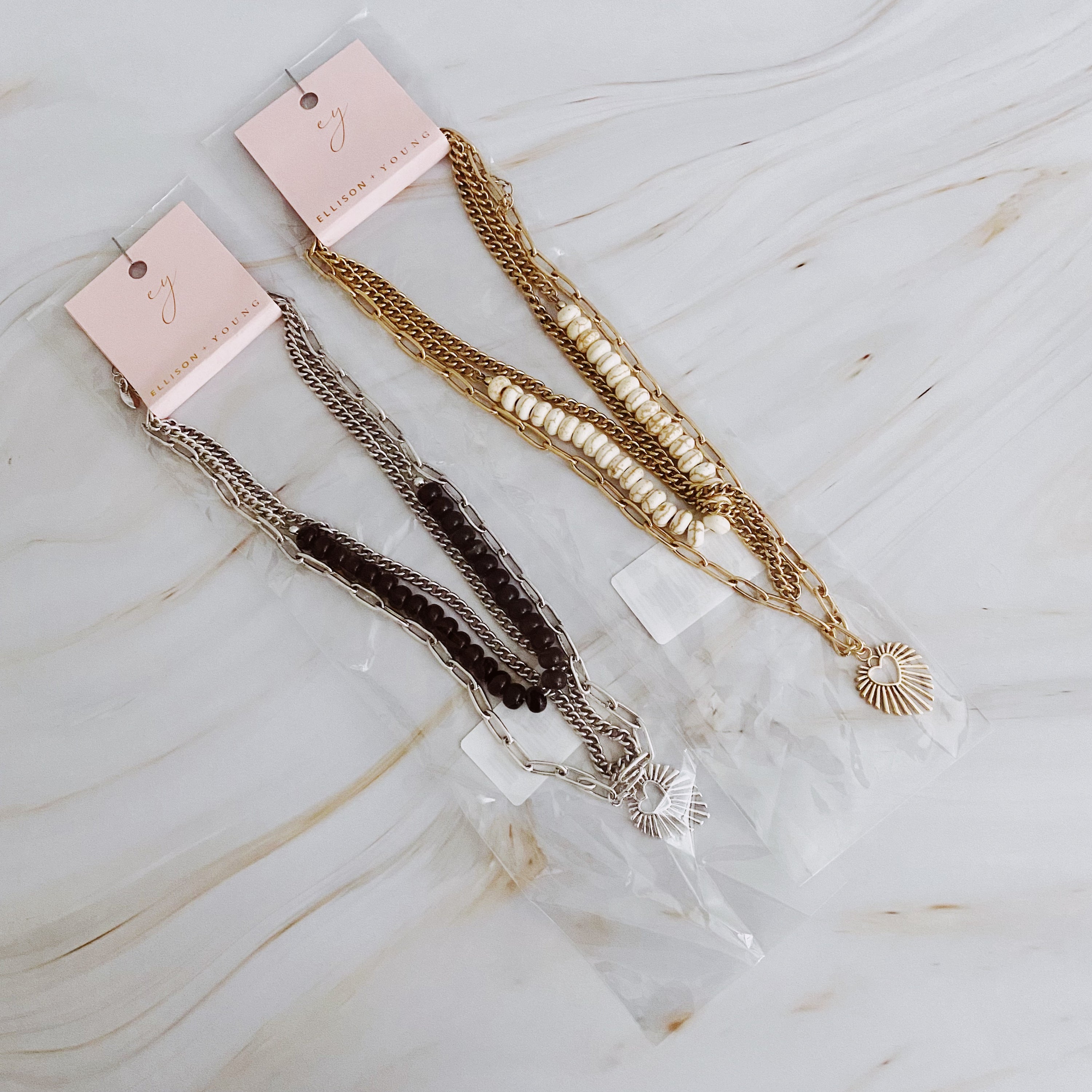 Resin Bead Golden Heart Layered Necklace featuring three layers with vibrant resin beads and antique finish plated alloy metal.