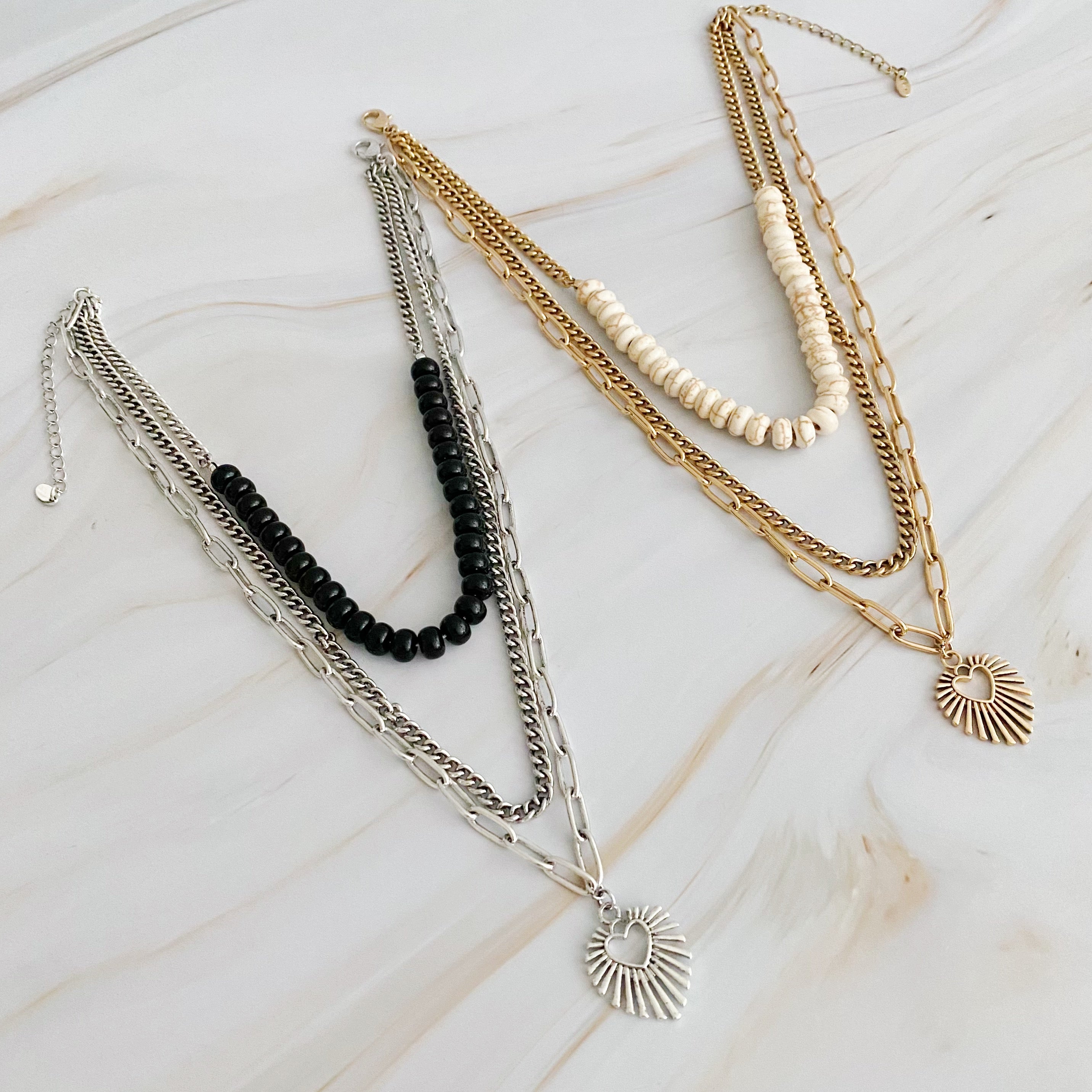 Resin Bead Golden Heart Layered Necklace featuring three layers with vibrant resin beads and antique finish plated alloy metal.