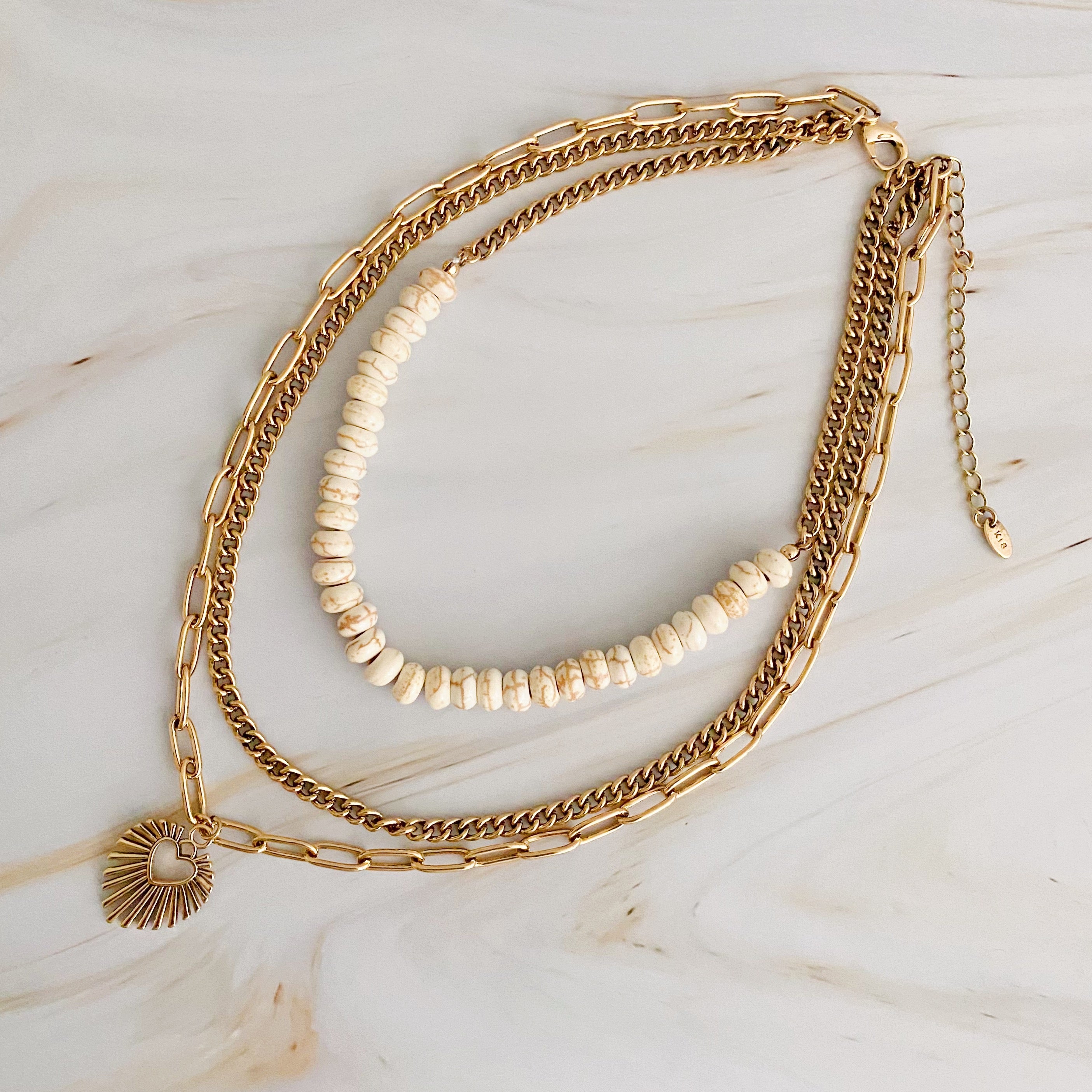 Resin Bead Golden Heart Layered Necklace featuring three layers with vibrant resin beads and antique finish plated alloy metal.