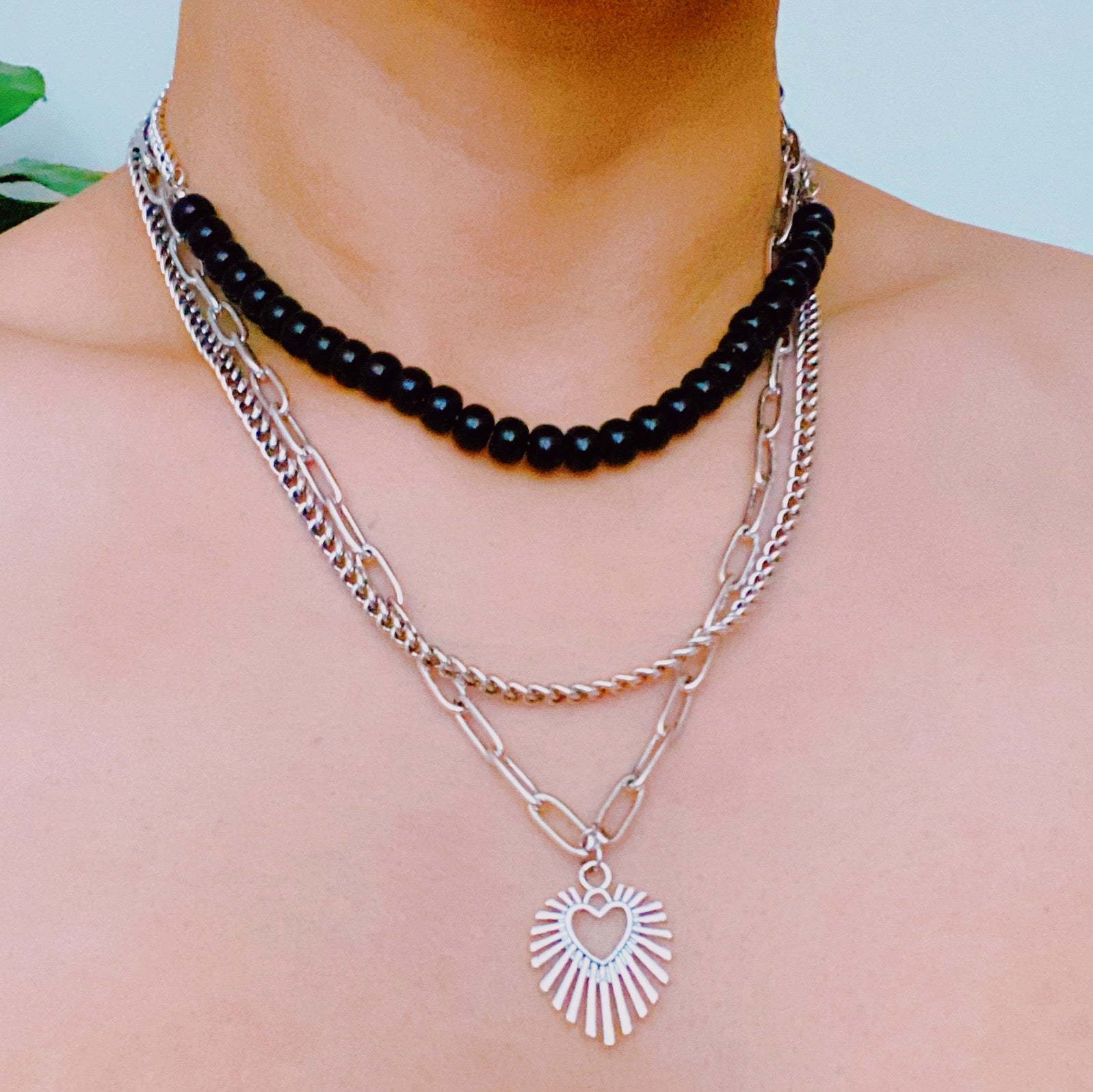 Resin Bead Golden Heart Layered Necklace featuring three layers with vibrant resin beads and antique finish plated alloy metal.