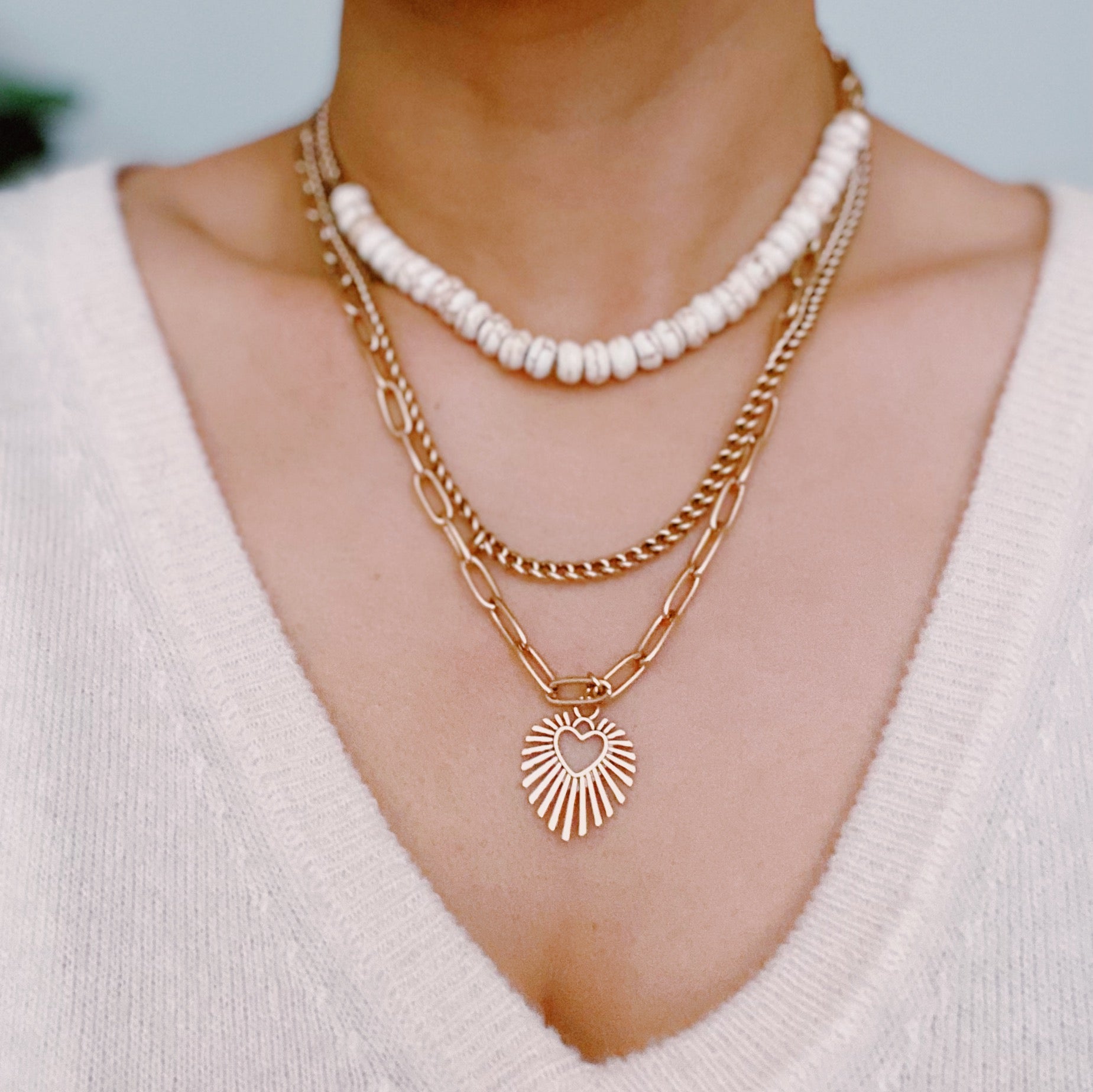 Resin Bead Golden Heart Layered Necklace featuring three layers with vibrant resin beads and antique finish plated alloy metal.