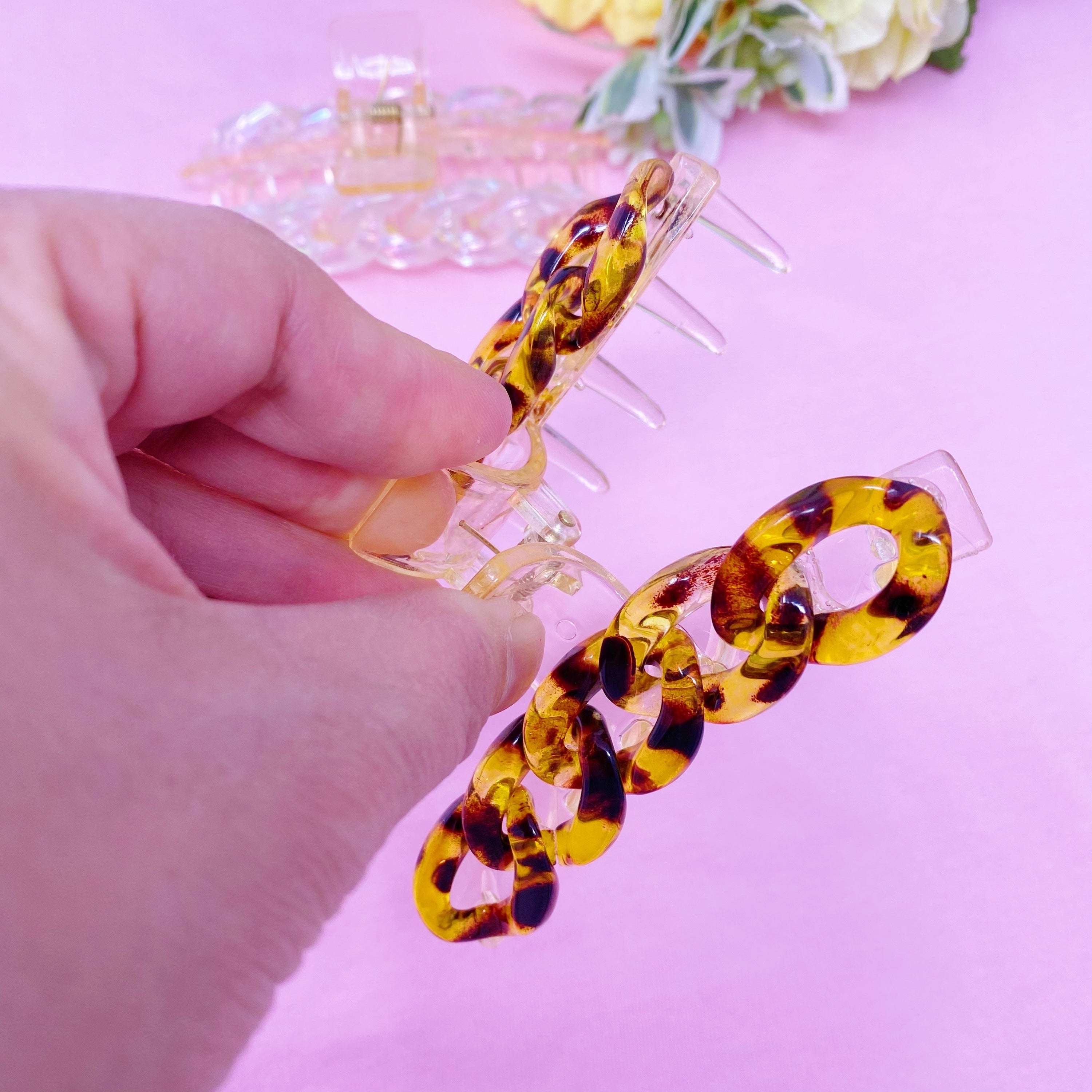 Resin Link Hair Claw Set featuring a clear acrylic body with stylish resin link details, perfect for securing hair.