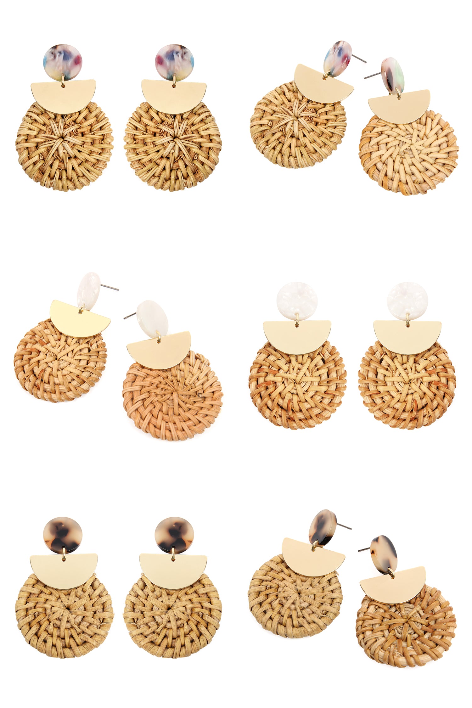 Colorful resin post earrings featuring drop dangle rattan ornament, perfect for summer outfits.