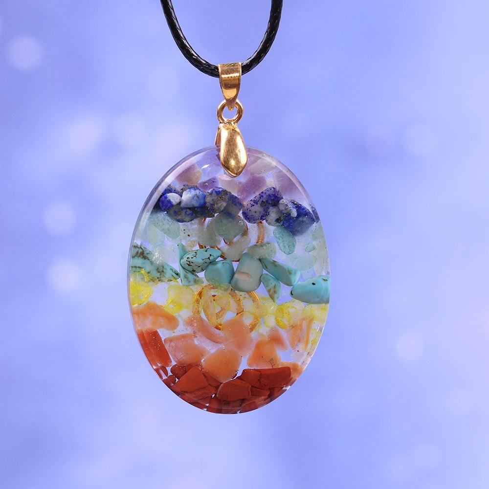 Colorful quartz stone pendant necklace featuring various healing crystals, set in a zinc alloy frame with a rope chain.