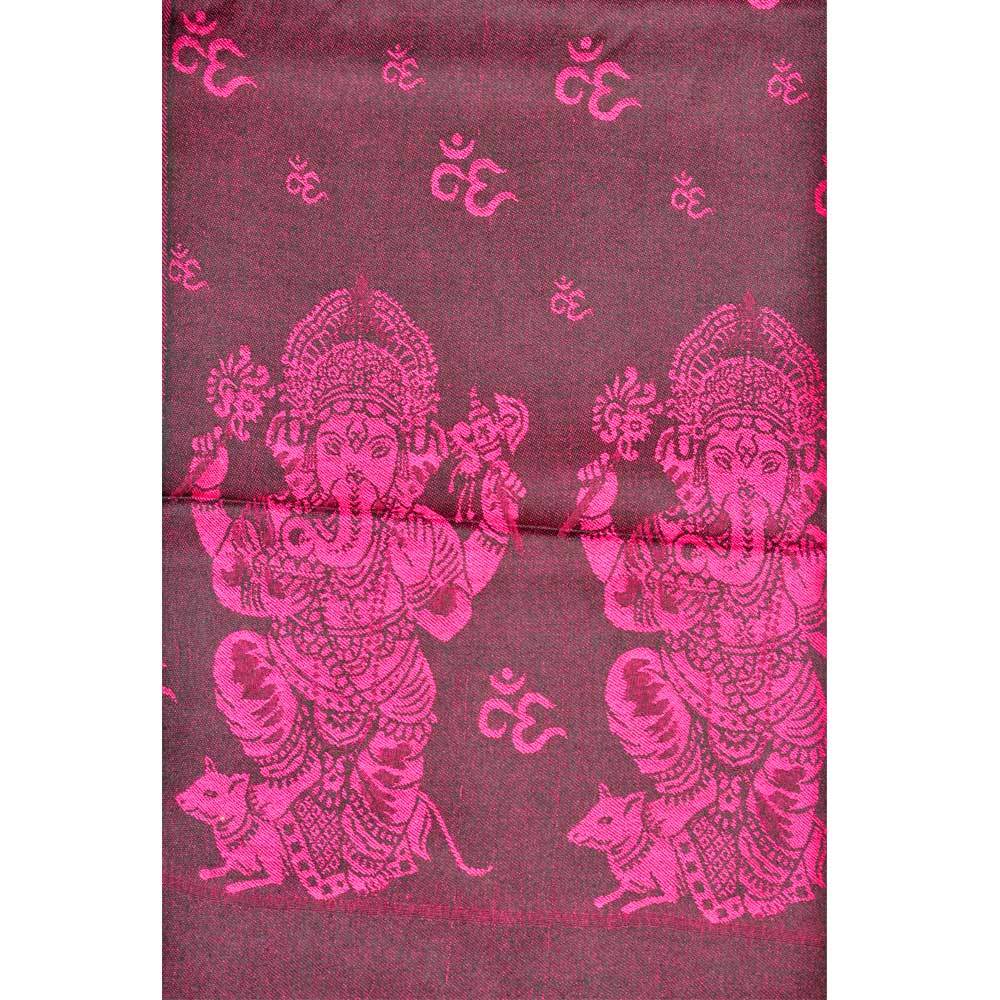 Reversible scarf featuring Ganesha print with violet red and dark satin sides, adorned with braided tassels.
