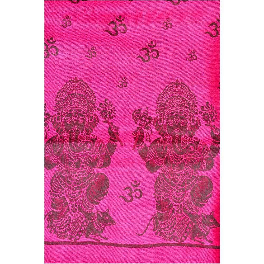 Reversible scarf featuring Ganesha print with violet red and dark satin sides, adorned with braided tassels.
