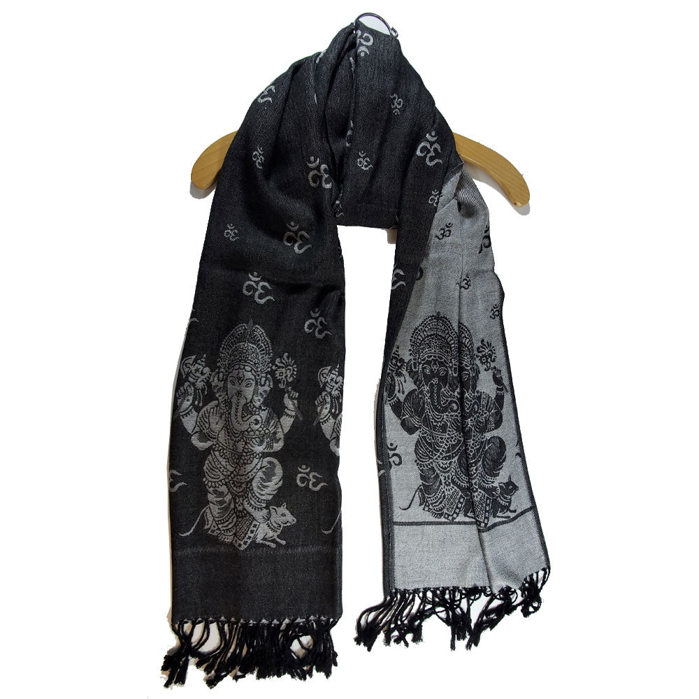 Reversible scarf featuring Ganesha print with violet red and dark satin sides, adorned with braided tassels.