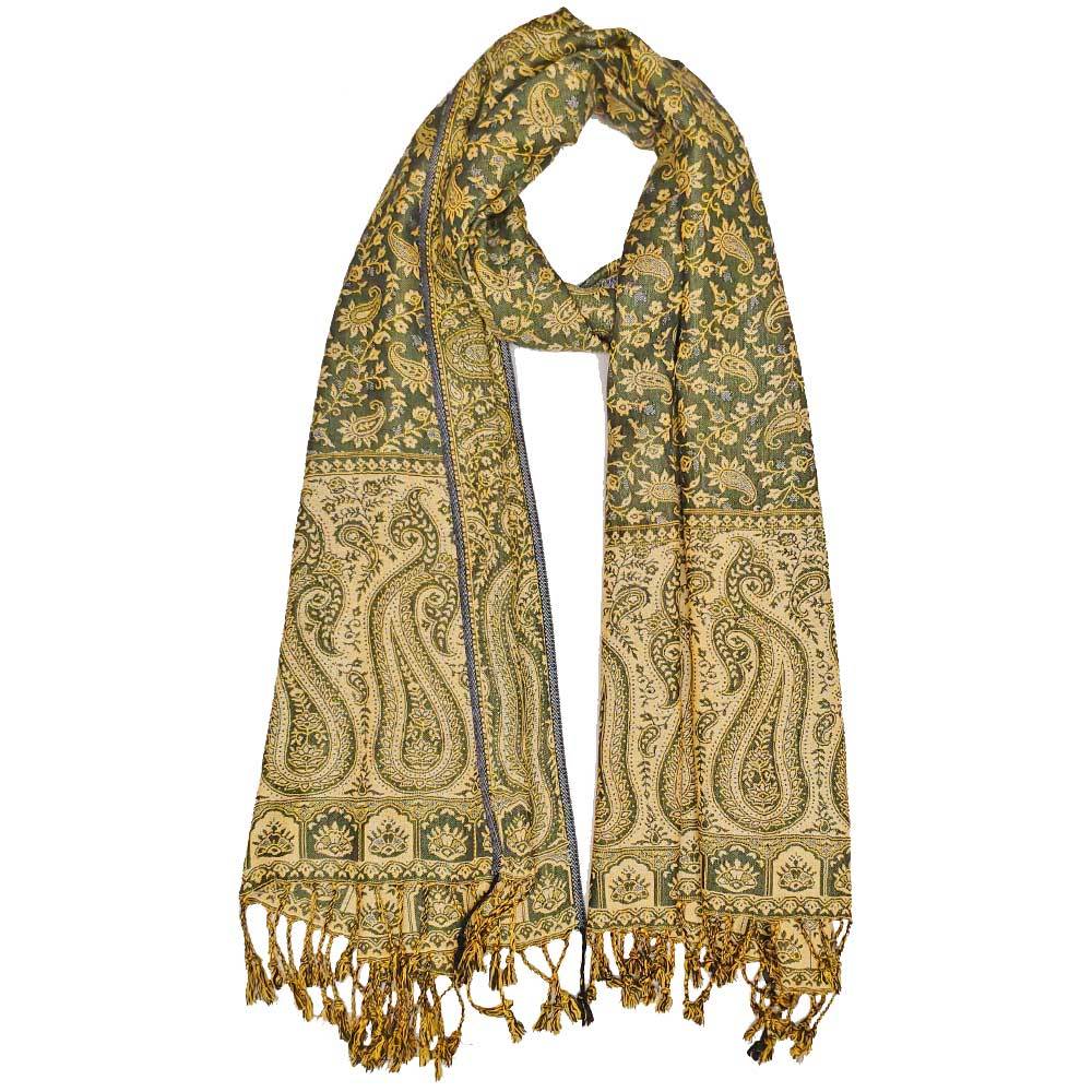Reversible scarf featuring Patola style paisley garden print with braided tassels, showcasing mauve and off-white colors.
