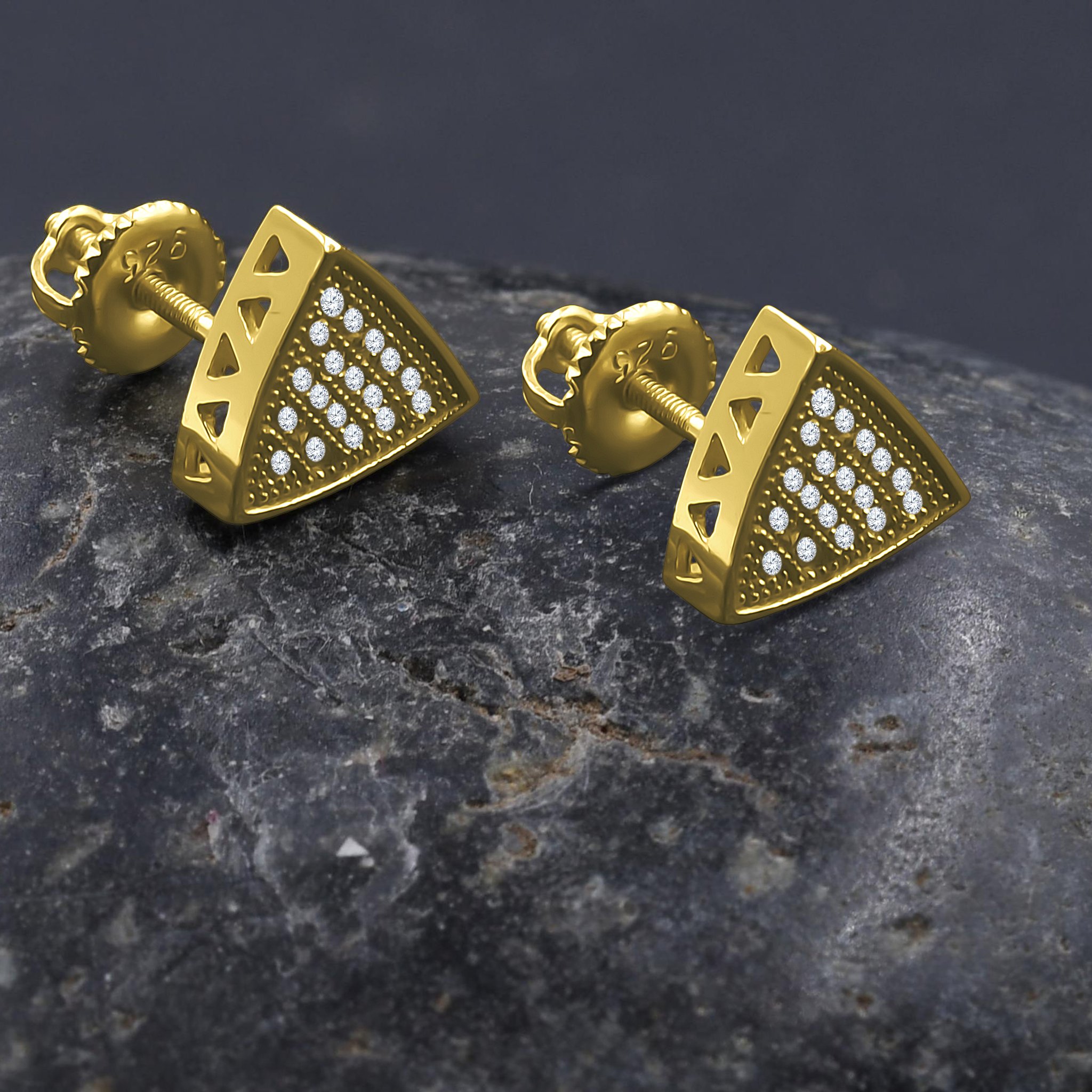 Rhetoric Screw Back earrings featuring trilateral design with sparkling cubic zirconia stones set in brass copper metal.