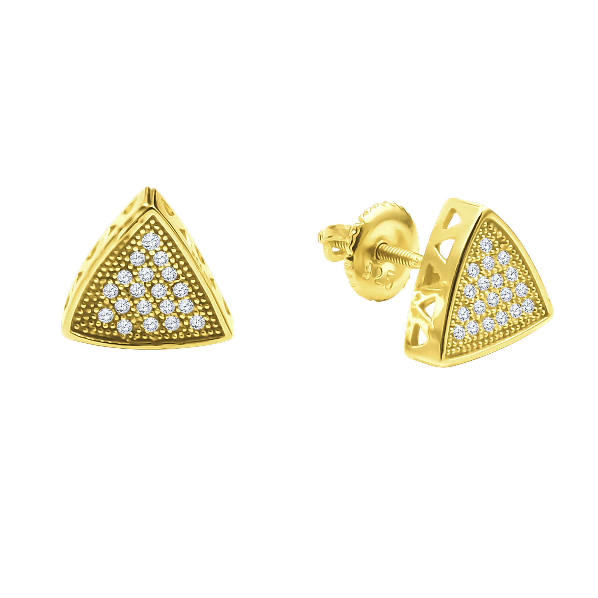 Rhetoric Screw Back earrings featuring trilateral design with sparkling cubic zirconia stones set in brass copper metal.