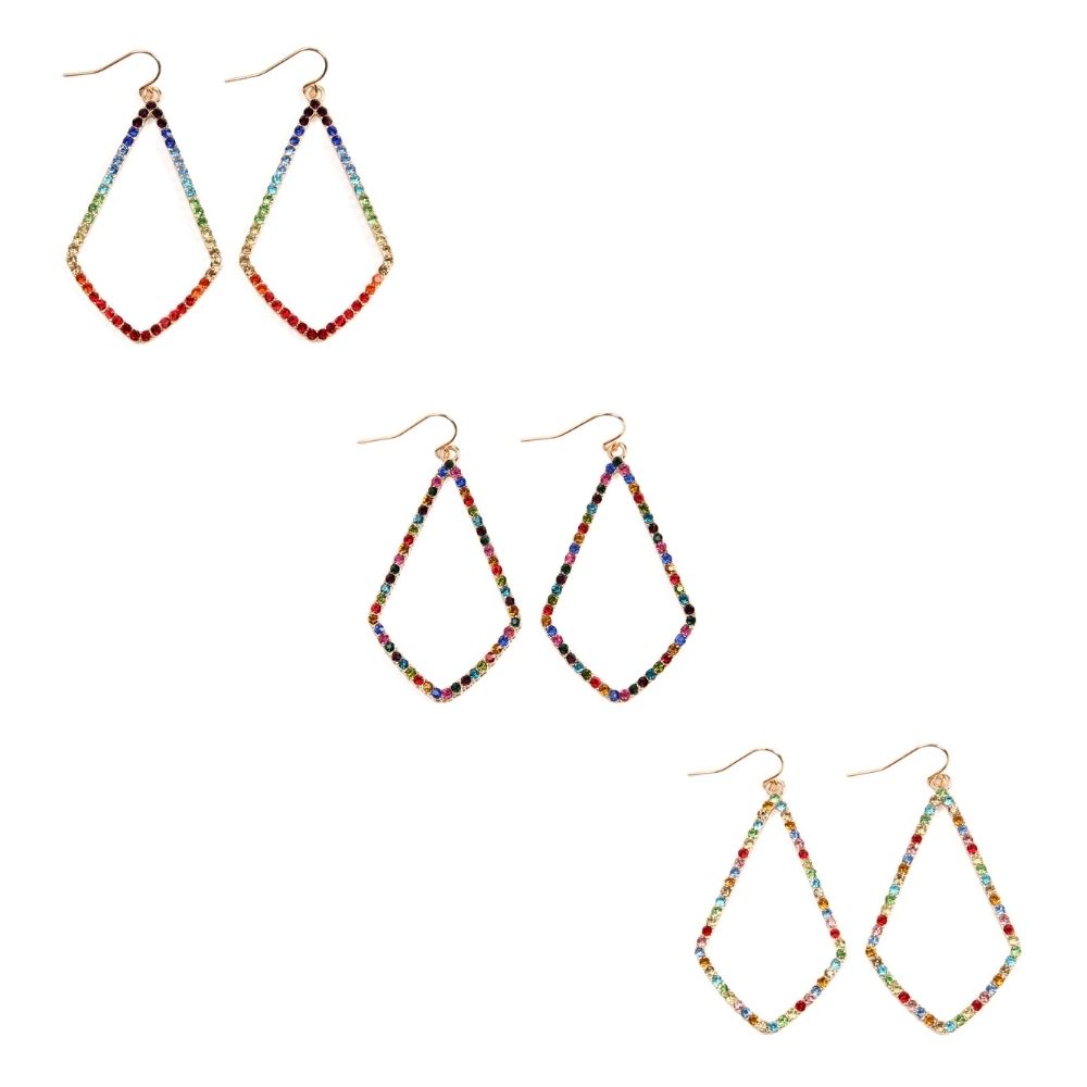 A pair of elegant rhinestone embellish drop dangle earrings in various colors, showcasing their sparkling design and stylish drop length.