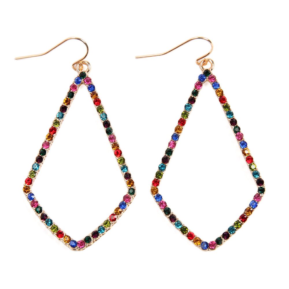 A pair of elegant rhinestone embellish drop dangle earrings in various colors, showcasing their sparkling design and stylish drop length.