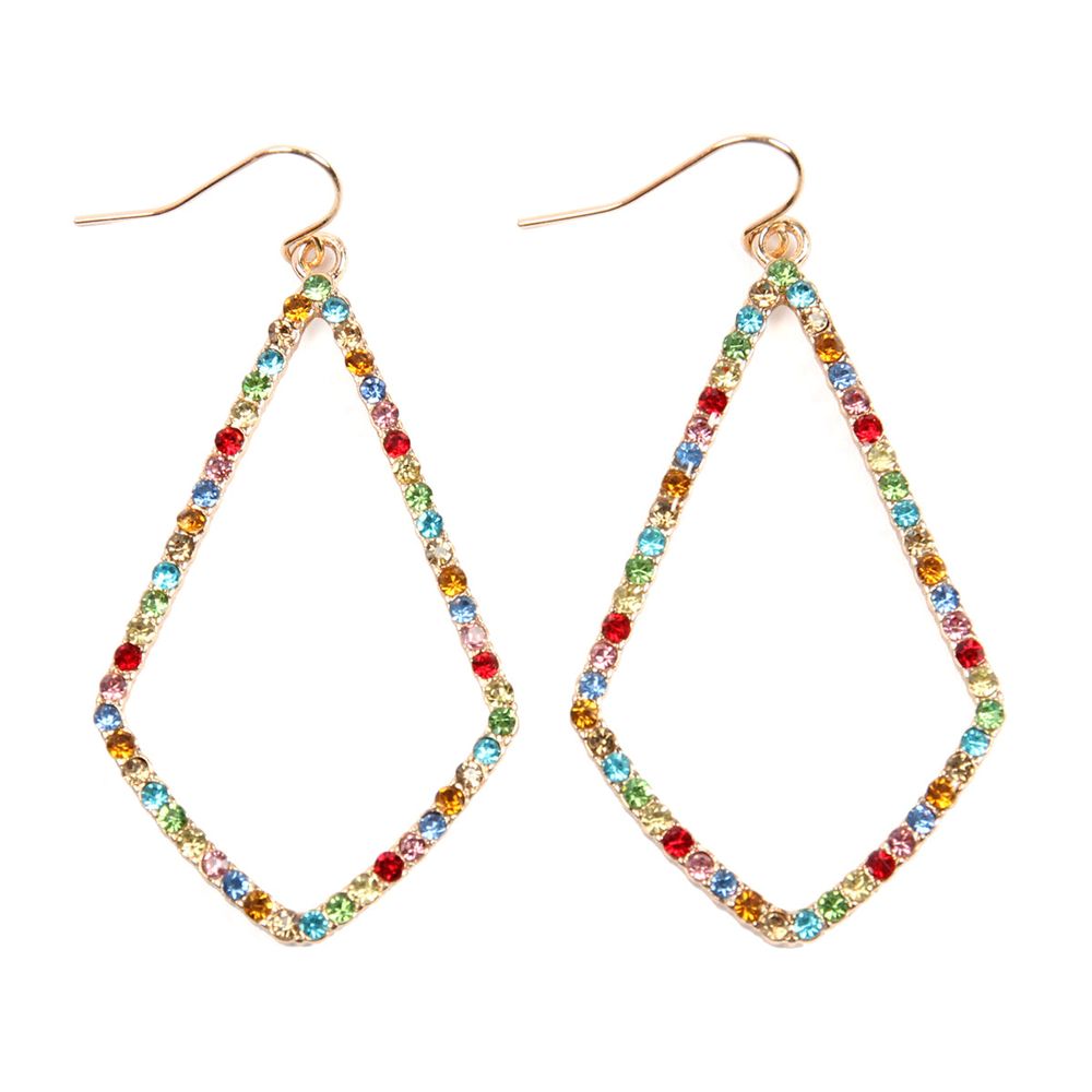 A pair of elegant rhinestone embellish drop dangle earrings in various colors, showcasing their sparkling design and stylish drop length.