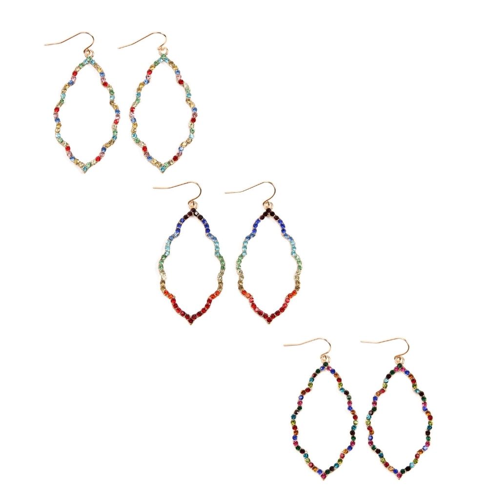 A pair of elegant rhinestone embellished marquise drop dangle earrings in various colors, showcasing their sparkling design and intricate details.