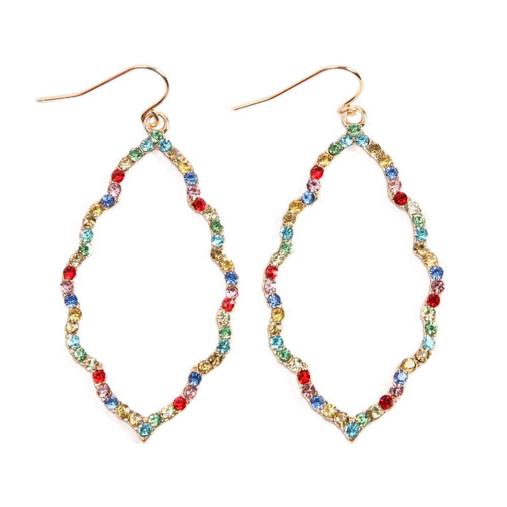 A pair of elegant rhinestone embellished marquise drop dangle earrings in various colors, showcasing their sparkling design and intricate details.