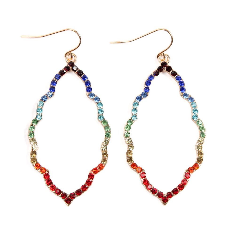 A pair of elegant rhinestone embellished marquise drop dangle earrings in various colors, showcasing their sparkling design and intricate details.