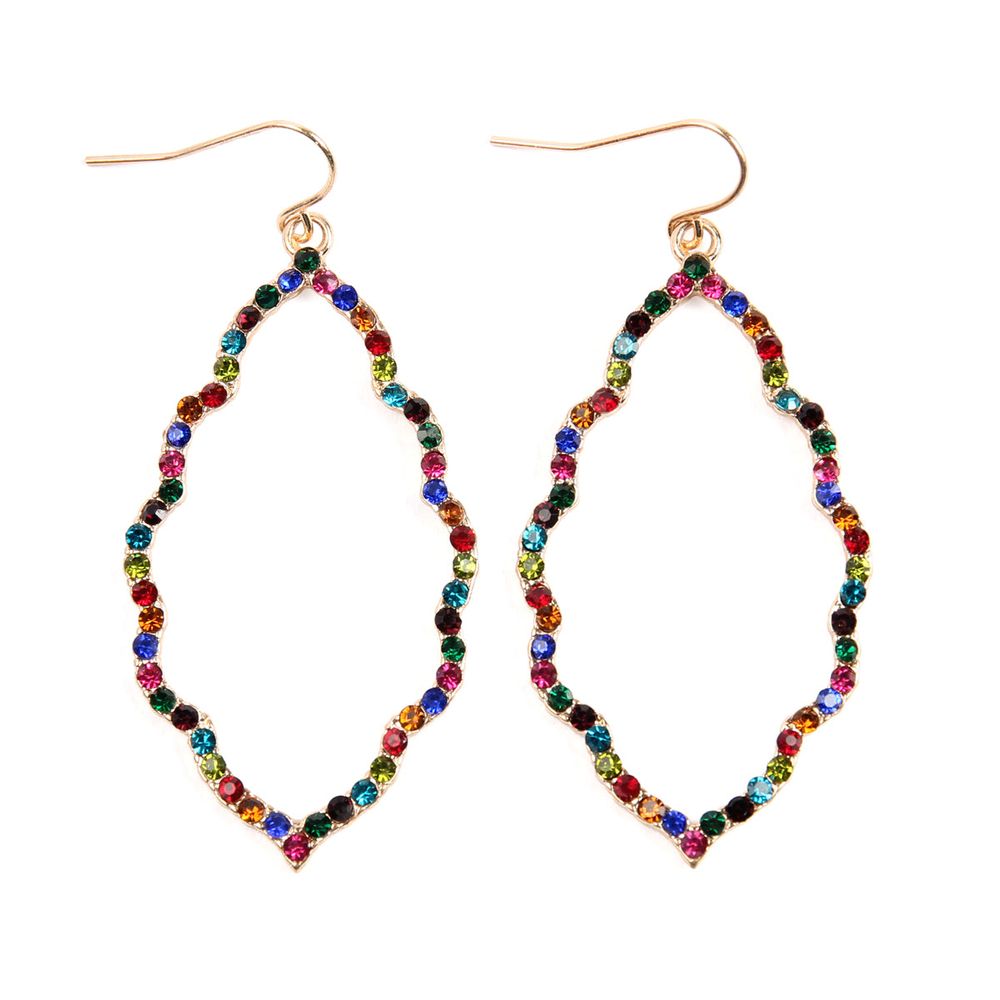 A pair of elegant rhinestone embellished marquise drop dangle earrings in various colors, showcasing their sparkling design and intricate details.