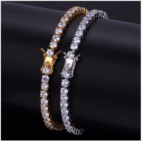 ROCK 4MM One Row Tennis Bracelet featuring cubic zirconia stones set in brass metal, showcasing a glamorous design suitable for any occasion.