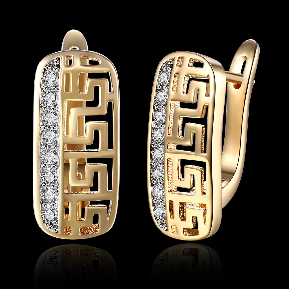 Elegant Roman Design Leverback Earrings in 18K gold plated with sparkling crystals, perfect for any occasion.