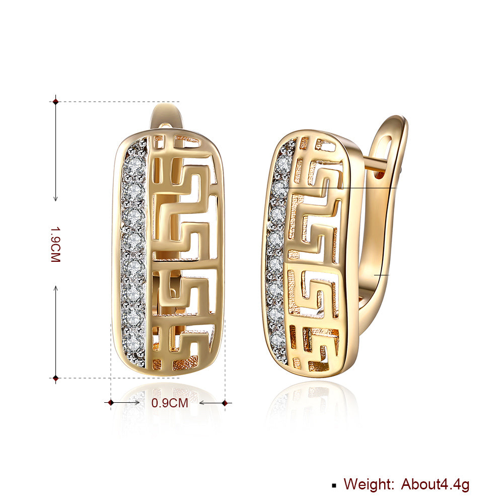 Elegant Roman Design Leverback Earrings in 18K gold plated with sparkling crystals, perfect for any occasion.