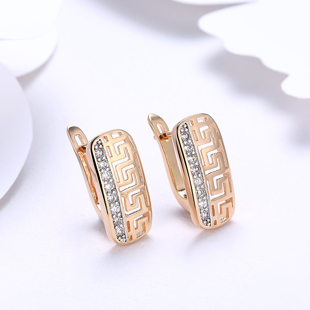 Elegant Roman Design Leverback Earrings in 18K gold plated with sparkling crystals, perfect for any occasion.