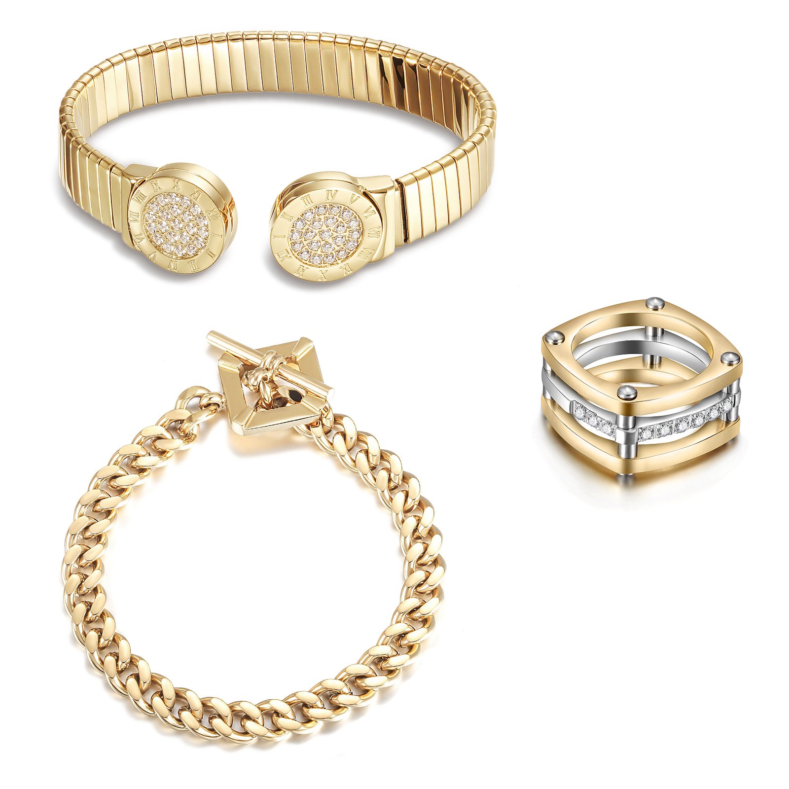 Roman Numeral Chain Set featuring a gold-plated bangle, bracelet, and adjustable ring with CZ accents.