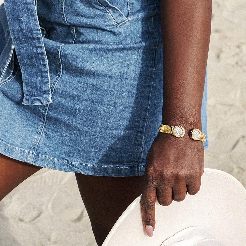 Roman Numeral Chain Set featuring a gold-plated bangle, bracelet, and adjustable ring with CZ accents.