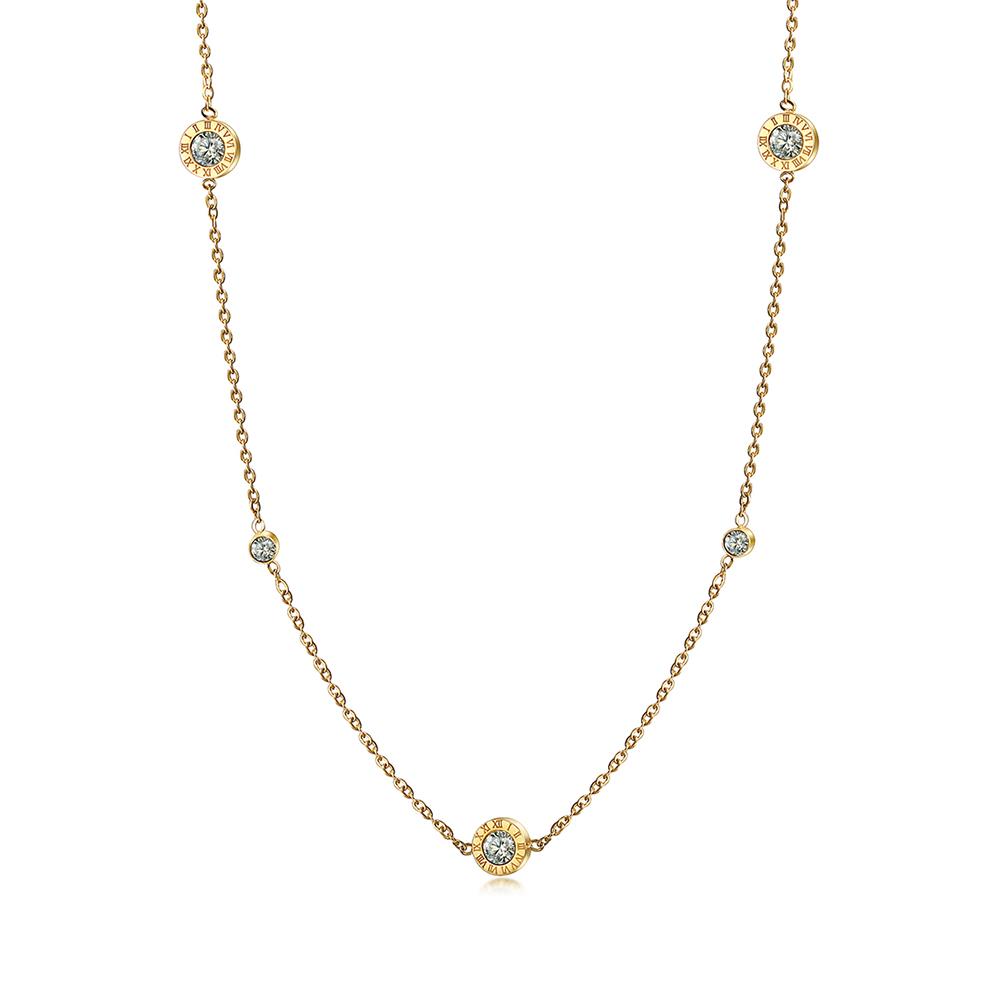 Elegant Roman Numeral CZ Station Necklace made from stainless steel with gold plating, featuring sparkling cubic zirconia stations.