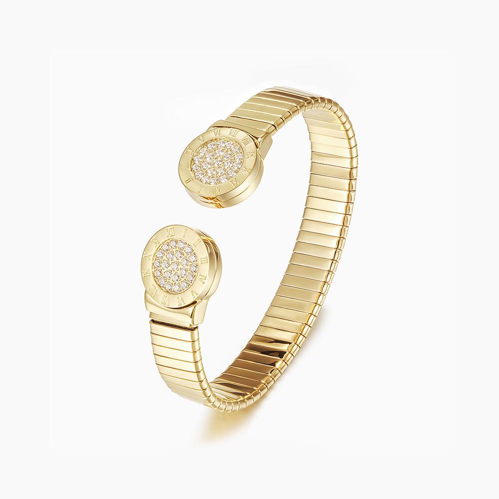 Elegant Roman Numerals Cuff Bangle made of stainless steel with gold plating.