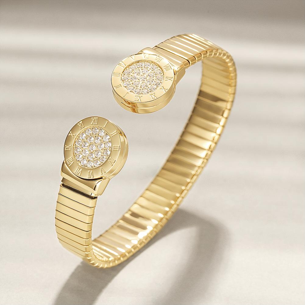 Elegant Roman Numerals Cuff Bangle made of stainless steel with gold plating.